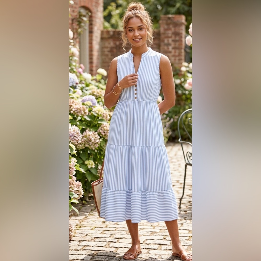 Sleeveless Blue Stripe Midi Dress with Button Front